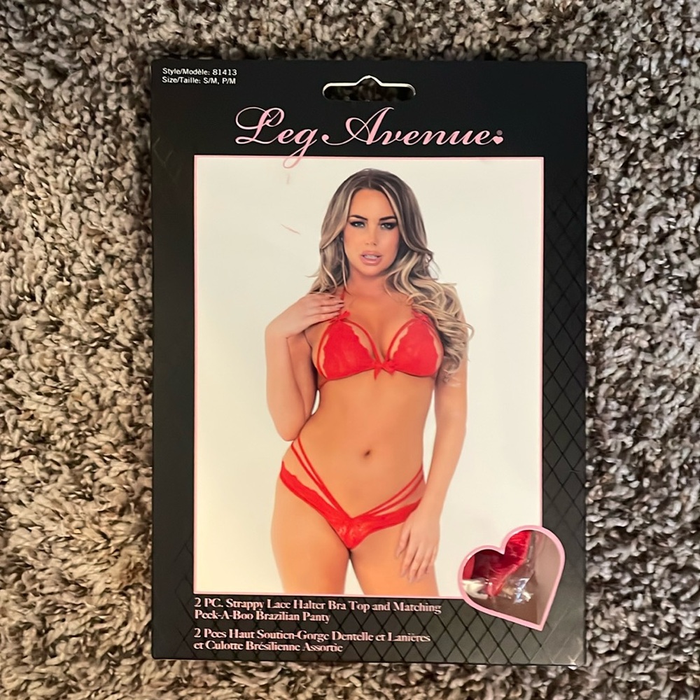 Leg Avenue Strappy Lace Halter Bra Top & Matching Peek-A-Boo Brazilian Panty S/M